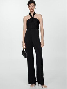 MANGO MNG Women Black Halter Satin Jumpsuit Size M NWT 149$+TAX